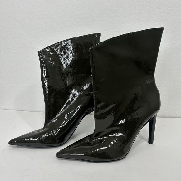ZARA Trafaluc 38 / 7.5 Heel Ankle Boots Pointed Toe Green Faux Patent Leather - Picture 3 of 8